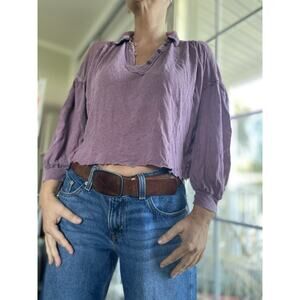 Free People Rush Hour Mulberry Linen Blend Spread Collar Button Henley S